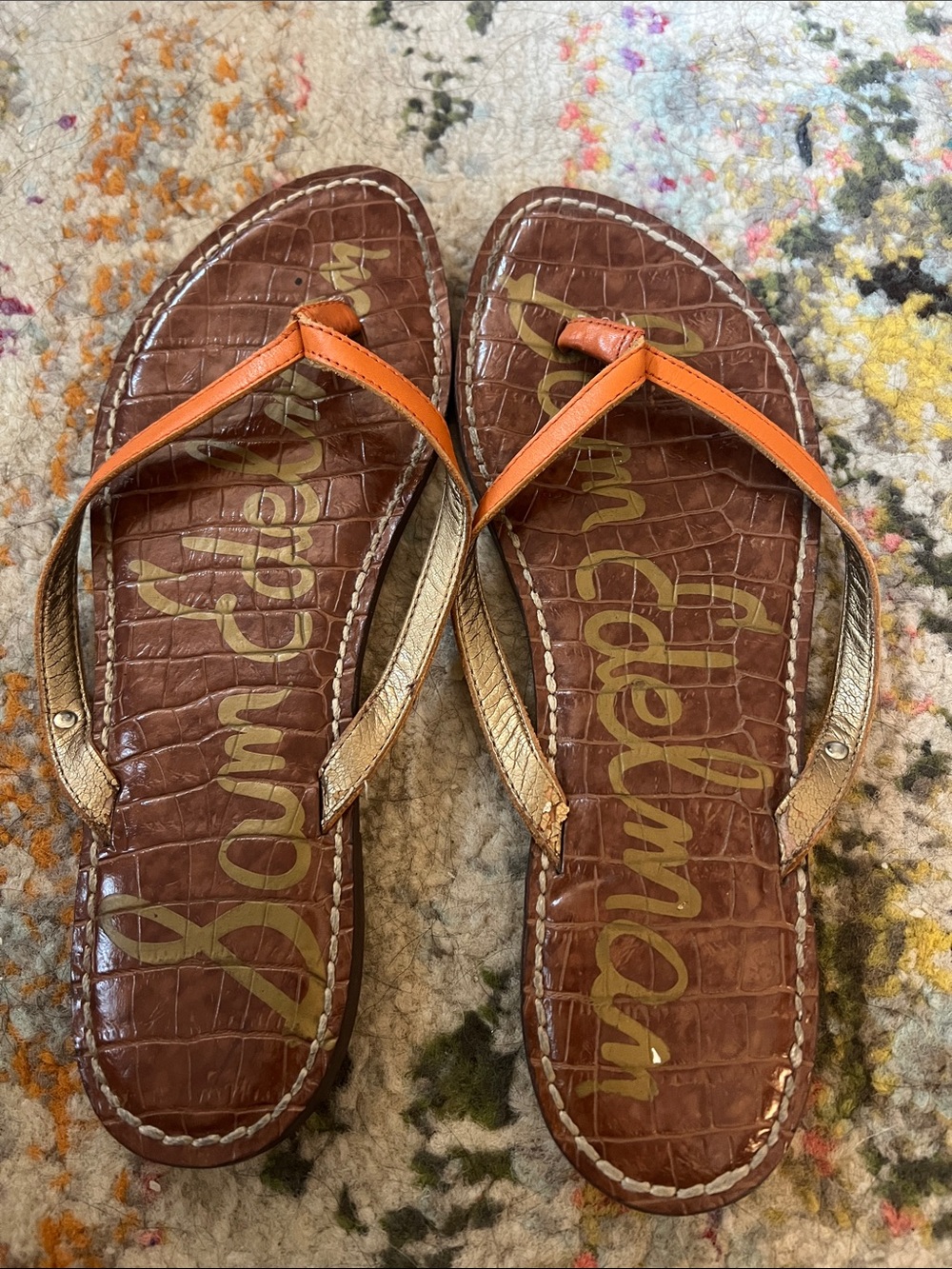 Sam Edelman Orange Leather and Gold Strap Croc-Embossed Flip Flops
